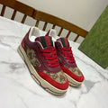 GUCCI 26S RE-WEB TRAINER SNEAKERS IN RED CALFSKIN AND BEIGE CANVAS